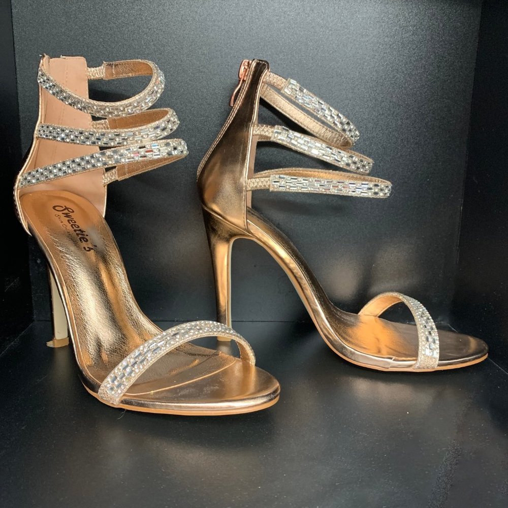 Rose Gold Rhinestone Strappy Sandals - Picture 2 of 5